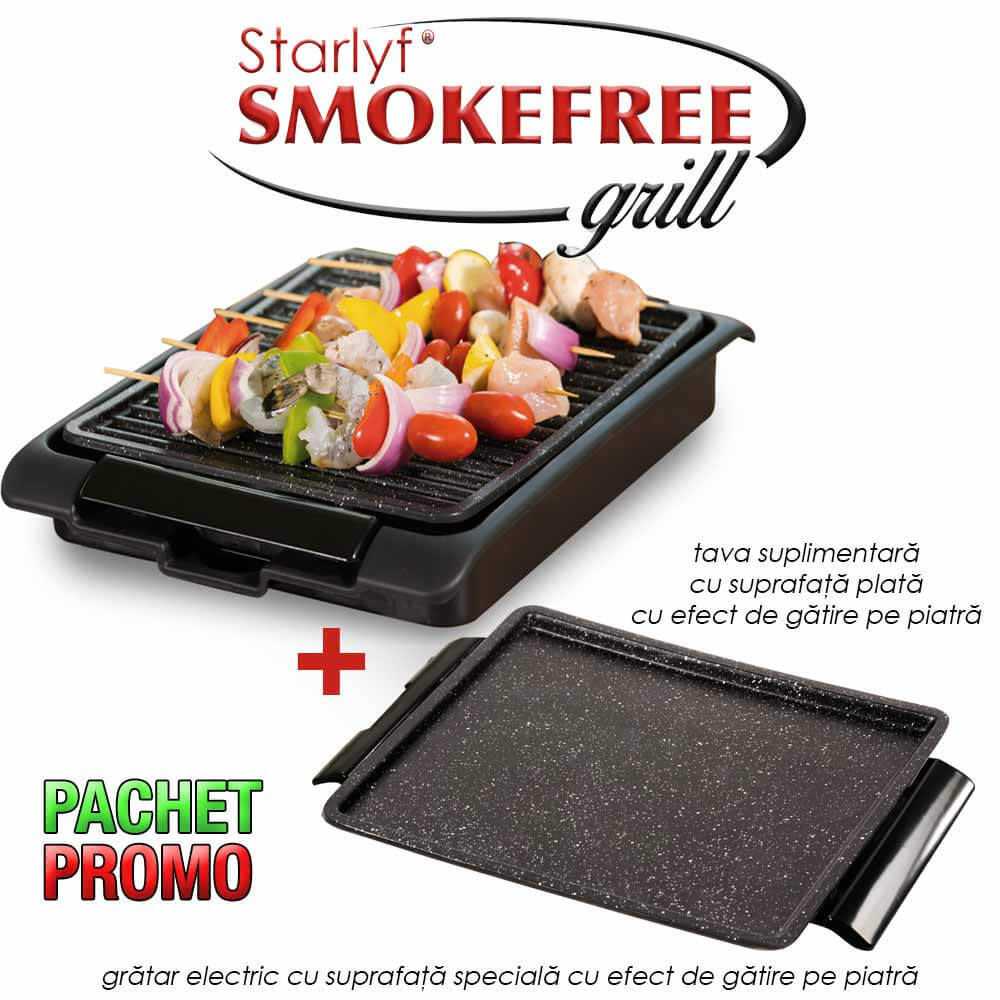 Starlyf Smoke Free Grill + Tava Plata Cu Efect De Gatire Pe Piatra